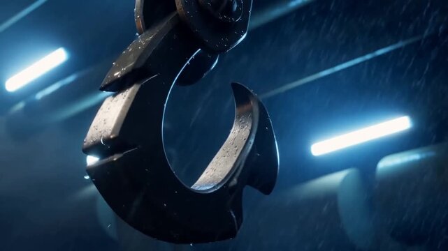 Slow motion close up of metal crane hook swinging under rain in industrial warehouse with blue neon lights