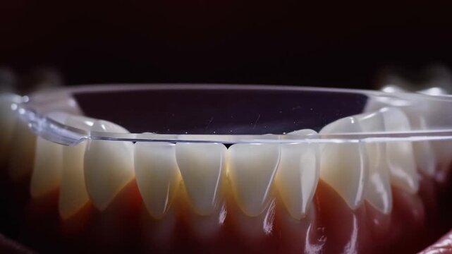 Slow motion tracking closeup of clear dental aligner being fitted over lower front teeth in clinical dental practice laboratory setting