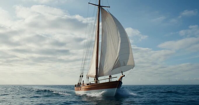 Sailboat ocean water sky clouds sailing wooden mast waves horizon vessel marine travel adventure leisure transportation outdoors sea blue sunlight vacation nautical calm peaceful reflection freedom
