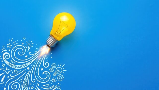 An illuminated light bulb launching with a fiery trail and creative doodles, signifying groundbreaking ideas.