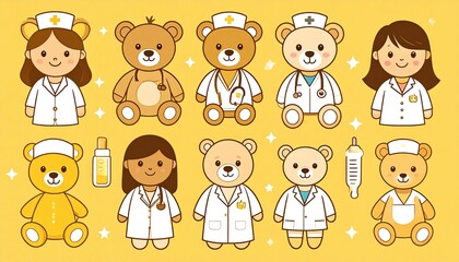 Naklejka premium Pediatric Healthcare Icon Collection with Teddy Bear Doctor, Thermometer and Medicine Bottle