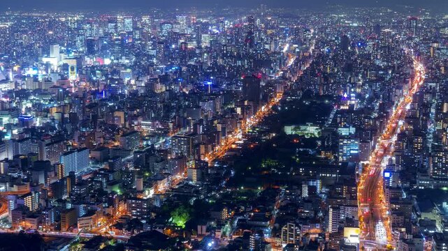 [PanLeft] Osaka City Urban Night View Timelapse, High Angle Cityscape and Traffic, Night, Japan