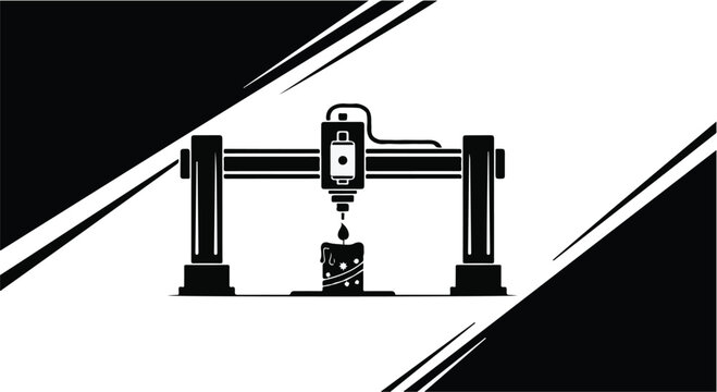 Industrial printer creates a small object on a platform representing modern manufacturing and rapid prototyping technology.