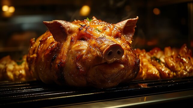 Delicious Crispy Roasted Suckling Pig on a Charcoal Grill.
