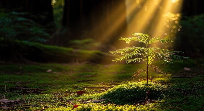 A young green sapling thrives on the mossy floor of a primeval redwood forest, illuminated by bright shafts of golden sunlight from above, spring, fresh, green