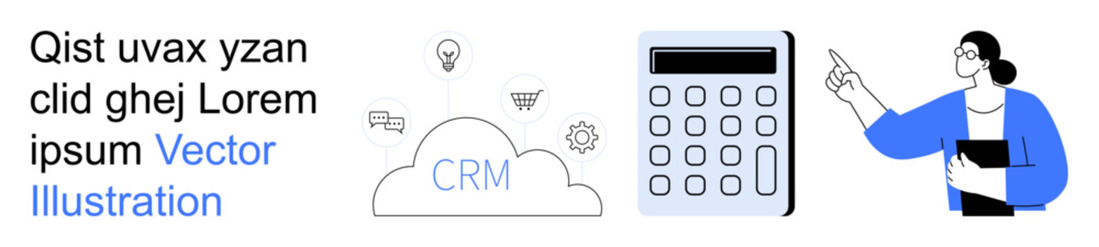 Customer relationship management, digital organization, data analysis, software tools, business presentation, teamwork. CRM cloud icon, a calculator and a business professional pointing. Customer