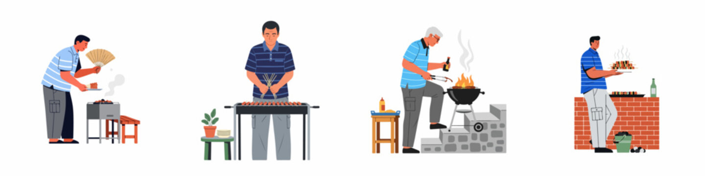 Set of diverse men grilling outdoors on various barbecue setups, including charcoal grills and brick ovens, isolated on white background.