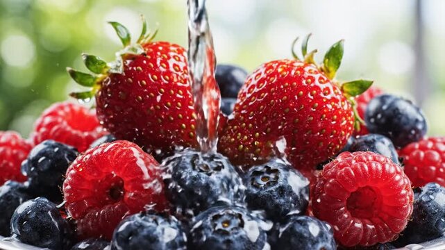 Fresh berries cascade with water drops refreshing summer food photography
