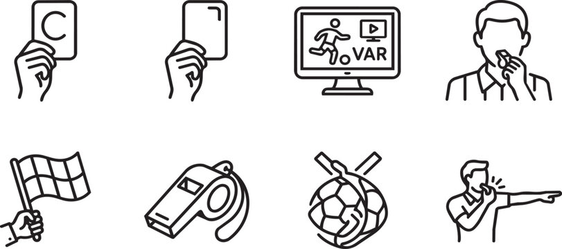 Collection of line art illustrations depicting soccer refereeing and var technology with technology illustration football decision judgment competition collection
