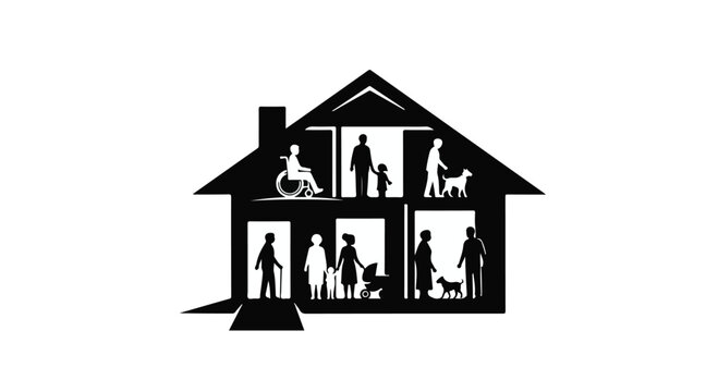 House silhouette features multiple interior rooms filled with diverse family members and their pets living together.