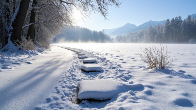 A tranquil snow-covered riverbank with a path leading into the mist.