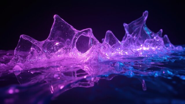 Purple crystalline shards of glass on a reflective surface. Abstract and colorful.