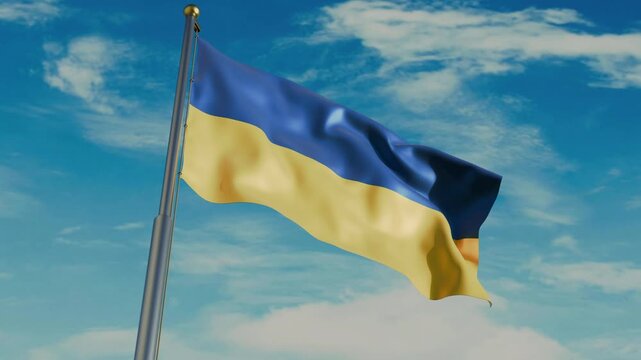 Ukraine flag waving in wind with flagpole, against the background of the sky with clouds, 4K video render