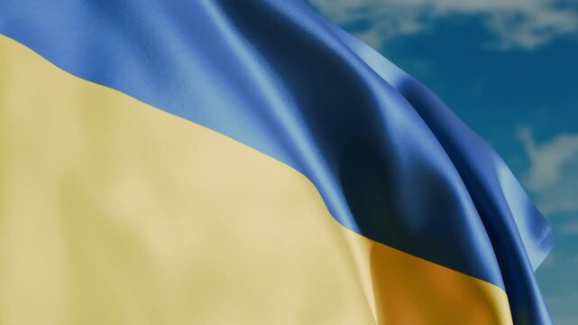Ukraine flag waving in wind close up, against the background of the sky with clouds, 4K video render