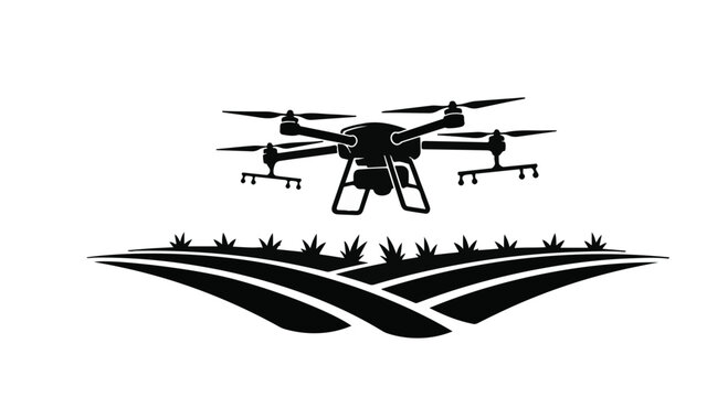 Drone hovers above a tilled agricultural field to monitor crop health and irrigation efficiency.