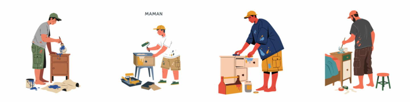 Set of illustrations featuring young men upcycling and painting furniture, restoring old nightstands with blue paint and various tools.