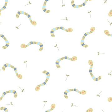 Hand drawn cute warms and leaves on light background. Vector illustration, seamless pattern.