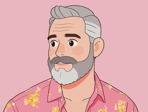 Cartoon portrait of a middle-aged bearded man in floral shirt