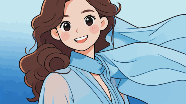 Cheerful young woman with flowing blue scarf in coastal breeze