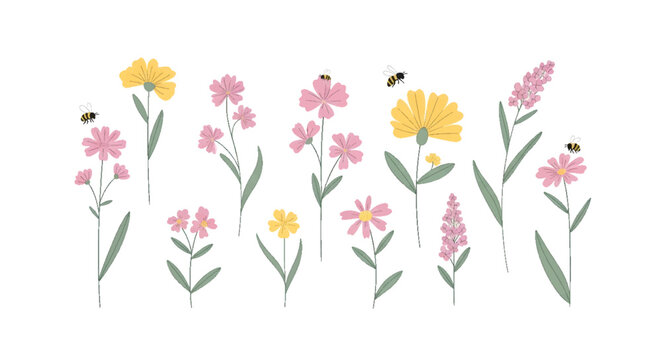 Charming collection of pastel spring and summer flowers with busy bees, a delightful flat vector illustration set perfect for nature-themed designs.