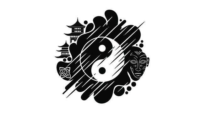 Yin and yang symbol integrates with traditional pagoda architecture and a tribal mask to represent global cultural balance.