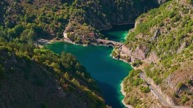 Aerial view of Lago di San Domenico and Eremo in Abruzzo, Italy