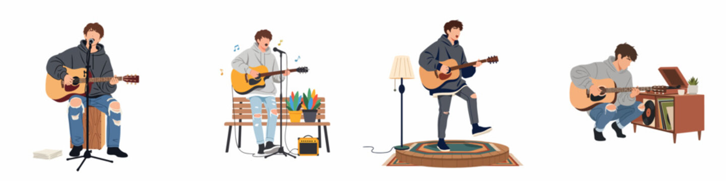 Vector illustrations of a young male musician playing acoustic guitar and singing in various indoor and outdoor settings.