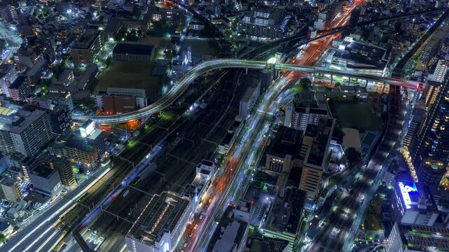 [PanLeft] Osaka City Night View Timelapse, High Angle Overview and Road Traffic, Japan
