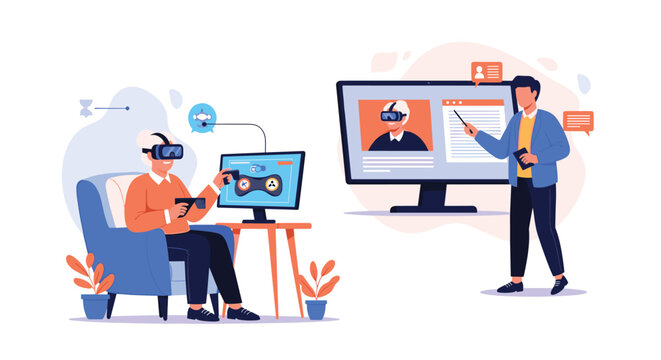 Senior woman experiences virtual reality with headset while male instructor provides guidance using large digital screen.