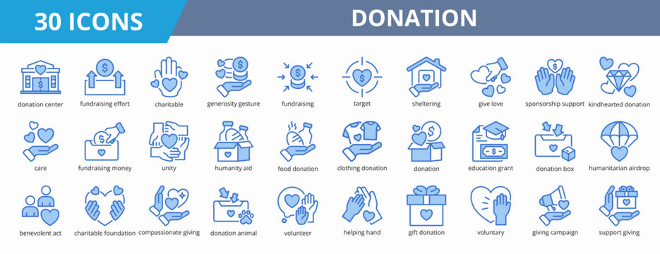 Set of outline blue style donation icon. A collection of icons suitable for web and mobile application. Including donation center, fundraising effort, charitable, generosity gesture, and more.