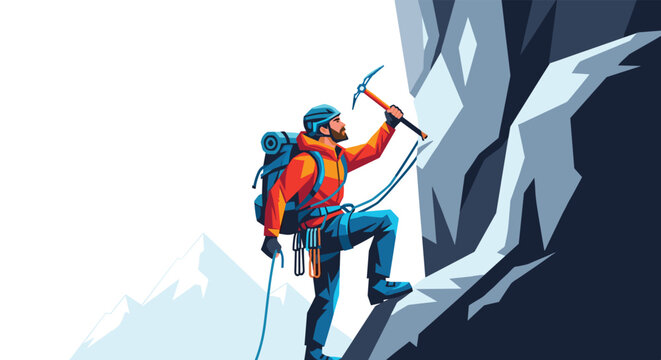 Brave mountain climber scales steep rock face using specialized gear and ice axe against snowy peak background.