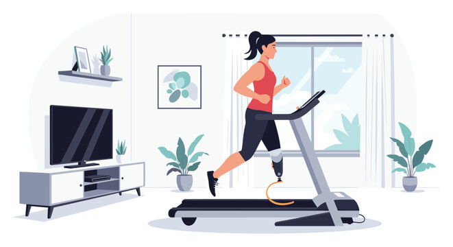 Inspiring woman with prosthetic leg maintains fitness by running on treadmill in modern home living room environment.