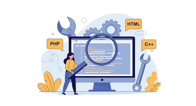 Female developer uses large magnifying glass to inspect computer code for programming languages like PHP and HTML.
