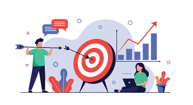 Team of business professionals working towards a common goal with a man shooting an arrow at a target and a woman analyzing data.