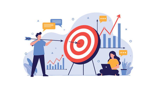 Team working towards business goals with a man shooting an arrow at a target and a woman analyzing reports on a laptop.