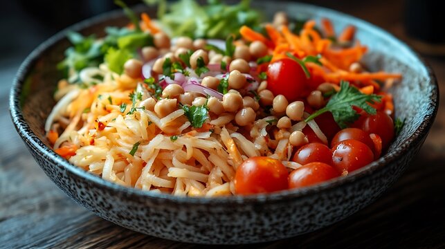 Fresh Vegetarian Buddha Bowl with Chickpeas with Rice Noodles, and and Cherry Tomatoes.