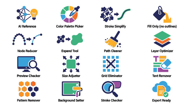 Vector Icon Set for Graphic Design Software Tools and Digital Illustration Workflow Optimization Features on White Background