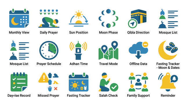 Islamic Prayer and Ramadan App Icon Set for Mobile UI Design Featuring Religious Symbols and Daily Worship Tracking Features