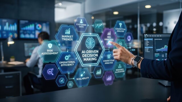 Executive Interacting with AI Driven Decision Making System for Strategic Business Growth and Analysis