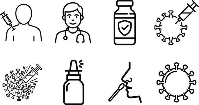 Black line icons for medicine and healthcare concepts including vaccinations and viruses