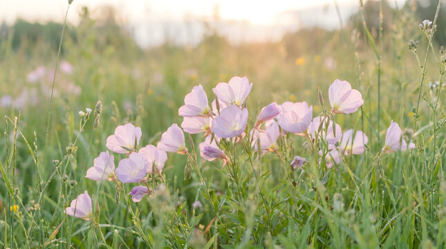 Beautiful pink evening primrose flowers blooming in a wild meadow during a golden sunset