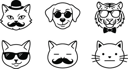 Naklejka premium Stylish Animal Face Logo Collection with Cool Cat Dog and Tiger Cartoon Vector Mascot Designs