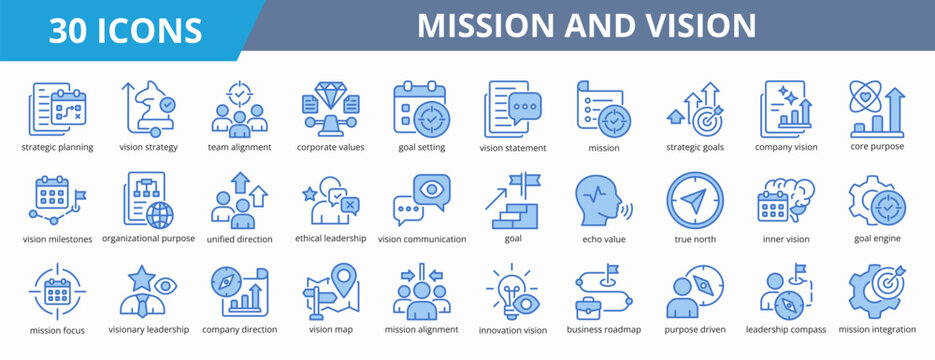 Set of outline blue style mission and vision icon. A collection of icons suitable for web and mobile application. Including strategic planning, vision strategy, team alignment, and more.