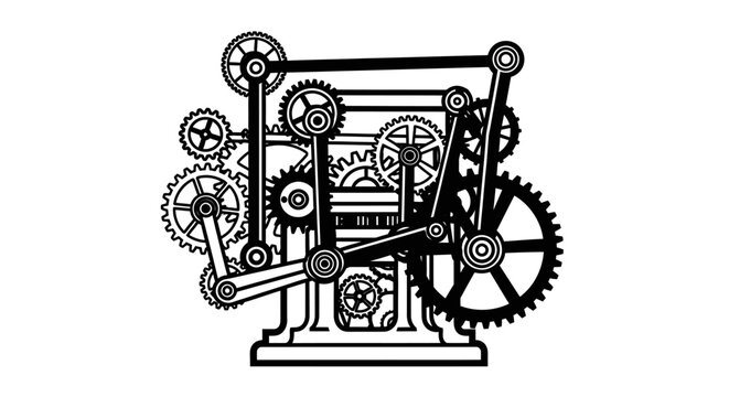 Vintage-style illustration of a steampunk machine with gears and mechanical components, featuring the word "meat."