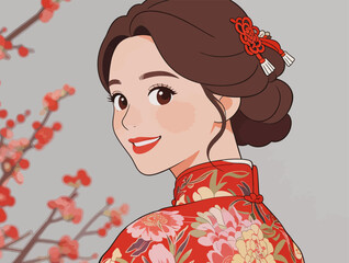 Fototapeta premium Elegant Chinese Bride in Traditional Cheongsam with Plum Blossoms