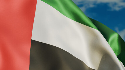 Fototapeta premium United Arab Emirates flag waving in wind close up, against the background of the sky with clouds, realistic render
