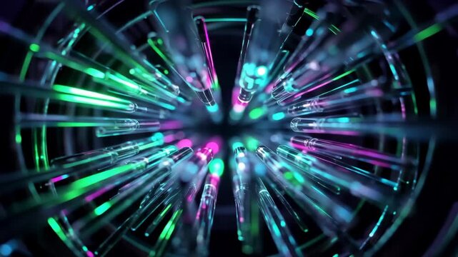 Cinematic abstract animation of glowing neon fiber optic cables transmitting high-speed digital data pulses