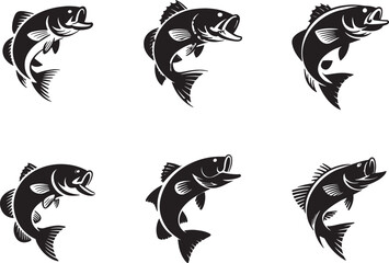 Fototapeta premium Set of black and white jumping bass fish illustrations