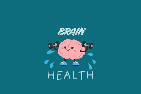 Vector illustration of a determined pink brain character lifting dumbbells. A creative concept for cognitive training and mental health. Dark teal background with "Brain Health" stylized text.