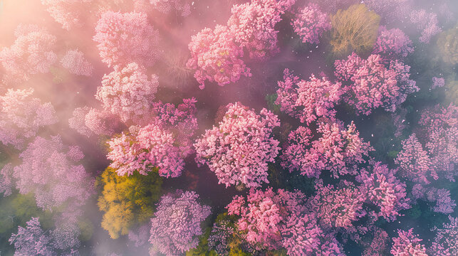 Aerial view of sprawling spring pink blossom forest wrapped in soft hazy mist, with interspersed lush green canopies dotted among layers of pale to deep pink blooming flower clusters, warm soft